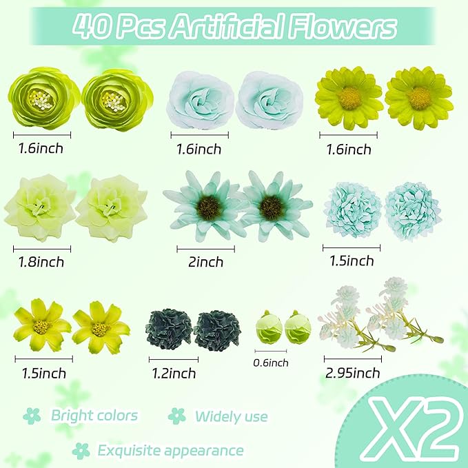 Featuman Green Artificial Flowers Heads for Decoration, 40 Pcs Faux Daisy Baby's Breath Fake Rose Small Flowers, Faux Flowers Head Fabric Flower for Crafts, Birthday, Hair Cap Dress Decoration