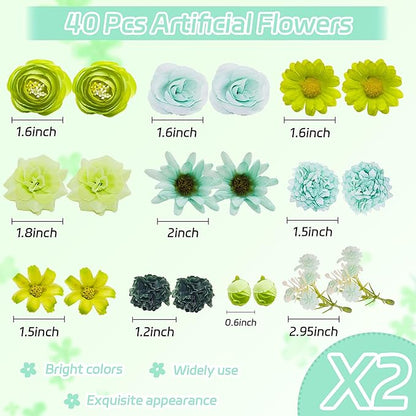 Featuman Green Artificial Flowers Heads for Decoration, 40 Pcs Faux Daisy Baby's Breath Fake Rose Small Flowers, Faux Flowers Head Fabric Flower for Crafts, Birthday, Hair Cap Dress Decoration