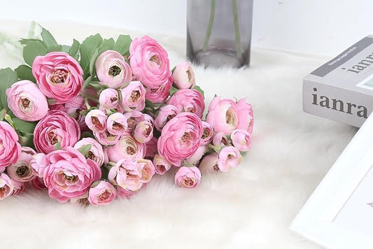 5PCS Pink Ranunculus Artificial Flowers Faux Silk Peonies Flowers with Real Touch Stems 21.65" Fake Flower Bulk for Bridal Bouquet Home Wedding Table Centerpieces Arrangements Decor (Pink)