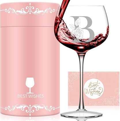 Personalized Gifts for Women, Monogrammed A-Z Wine Glass Customized Gift, Unique Christmas Birthday Gifts for Women Her Mom Friend Sister Wife Daughter Nurse (B)