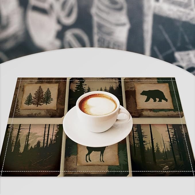 Rustic Lodge Bear Deer Placemats Set of 4, Vintage Cabin Pine Cone Plaid Place Mats, Heat Resistant Non Slip Cotton Linen Dining Table Mats for Home Kitchen Decor 18x12 Inch
