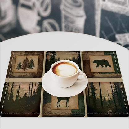 Rustic Lodge Bear Deer Placemats Set of 4, Vintage Cabin Pine Cone Plaid Place Mats, Heat Resistant Non Slip Cotton Linen Dining Table Mats for Home Kitchen Decor 18x12 Inch