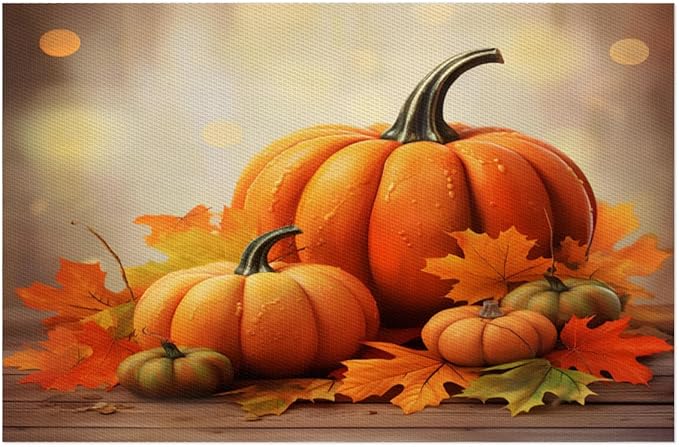 Thanksgiving Fall Pumpkin Placemats Set of 6 PVC Vinyl Non Slip Table Mats Heat Resistant Place Mats Washable Wipeable Dining Table Mat for Kitchen Decor Party Indoor Outdoor Decorative Gift