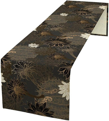 Vintage Floral Table Runner,Black Gold Floral Art Print Table Runner for Home Kitchen Table Dining Indoor Outdoor Party Decor 13x108 Inch