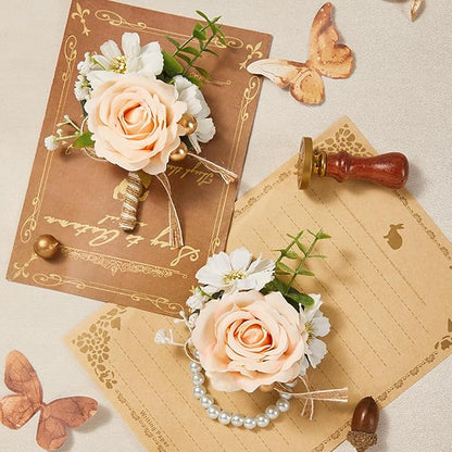 Serwalin Champagne Corsage and Boutonniere Set, Prom Flower Wrist Corsage Bracelets, Homecoming Roses Corsage Wristlet and Men Boutonniere for Wedding Flowers Accessories Prom Suit Decorations