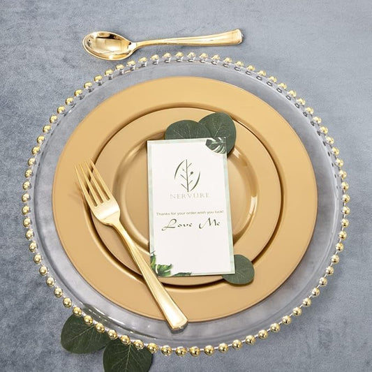 DaYammi 180pcs Gold Plastic Plates Gold Disposable Plates Plastic Silverware Include 30 Dinner Plates 30 Dessert Platos 30 Fork 30 Knives 30 Spoon 30 Cup for Party