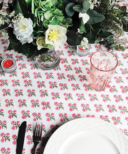 ATOSII Gulbahar White Pink 100% Cotton Spring Summer Square Tablecloth, Handblock Print Floral Table Cloth for Kitchen Dining Linen I Weddings, Outdoors, Easter 60 X 60 Inches I 4 Seater