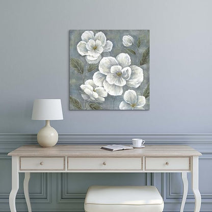 summer melody White Floral Canvas Wall Art - Vintage Blooming Gray Flowers Painting Abstract Botanical Picture Modern Prints Artwork for Bedroom Living Room