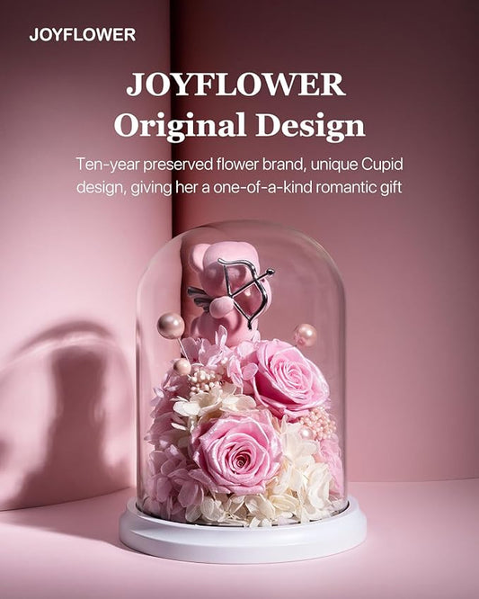 JoyFlower Preserved Flowers with Teddy Bear, Unique Pearl Roses Birthday Gifts for Women, Eternal Flower Rose Bear with Gift Box for Mom Girlfriend Wife on Valentine's, Mother's Day, Anniversary(Pink)