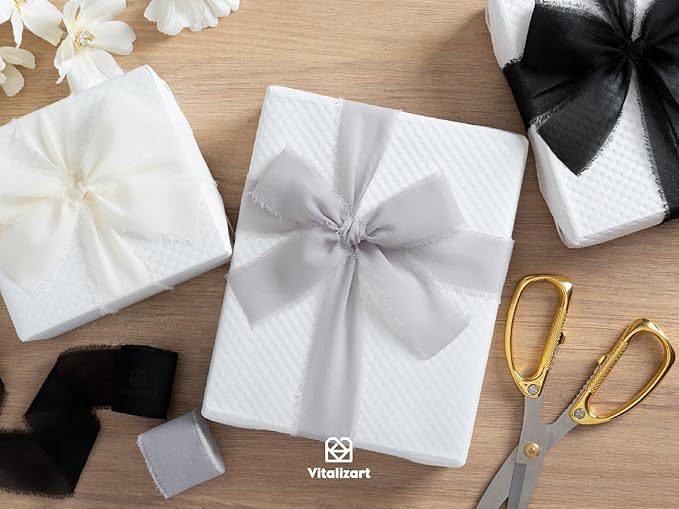 Vitalizart Black Handmade Chiffon Silk Ribbon Fringe 3 Rolls 1.5" x 21 Yd Frayed Edges Ribbons for Wedding Invitations Bridal Bouquets Gifts Wrapping Crafts Holiday Decor