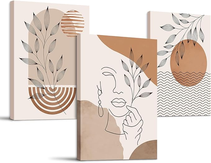 SERIMINO Boho Framed Wall Art Set of 3, Minimalist Wall Decor Living Room, Geometric Line Leaf Sun Moon Canvas Artwork Paintings for Bathroom, Home Decor Print, 20"X28"