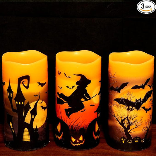 DRomance Flameless Candles Battery Operated with 6 Hour Timer, Halloween Decals Real Wax LED Flickering Pillar Candles Set of 3 Indoor Halloween Window Table Decor(3 x 6 Inches)
