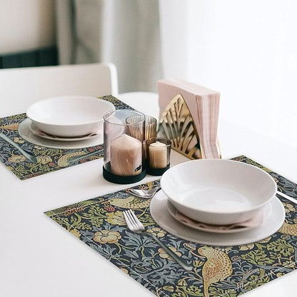 William Morris Floral Placemats Set of 4, Vintage Flower Strawberry Birds Place Mats, Heat Resistant Non Slip Cotton Linen Dining Table Mats for Home Kitchen Party 18x12 Inch