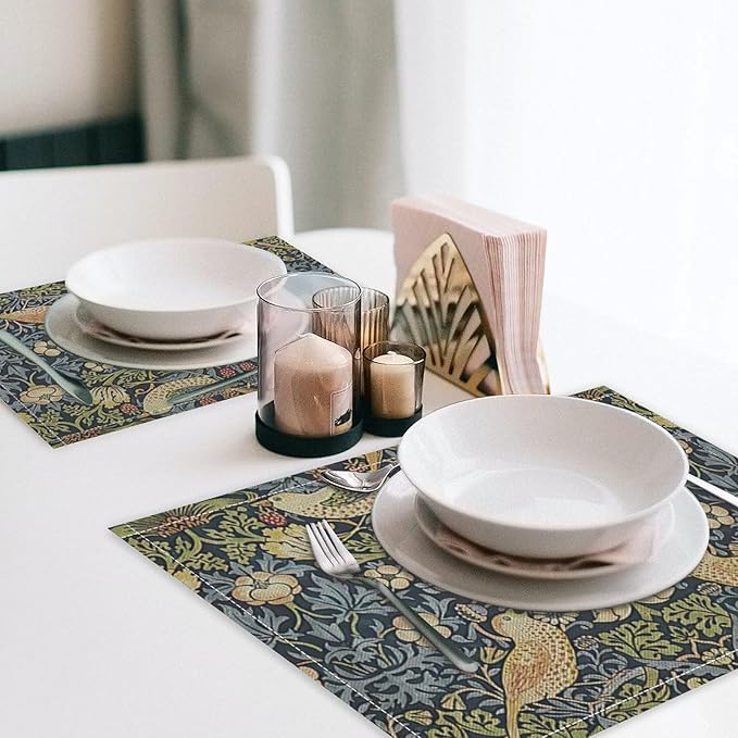 William Morris Floral Placemats Set of 6, Vintage Flower Strawberry Birds Place Mats, Heat Resistant Non Slip Cotton Linen Dining Table Mats for Home Kitchen Party 18x12 Inch
