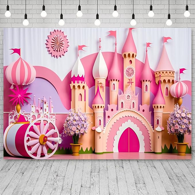 10x6.5ft Princess Castle Backdrop Pink Purple Floral Girl Birthday Photography Background Kids Birthdays Newborn Baby Shower Banner Decorations Wedding Party Portrait Photo Booth Prop