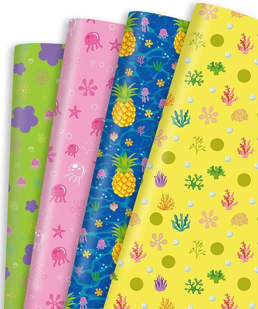 Pineraap Yellow Cartoon Wrapping Paper 12 Sheets Tropical Ocean Themed Gift Packing Paper Water Grass Jellyfish Flowers Pineapple Wrap Paper for Baby Shower Birthday Party Supplies, 20"×28"