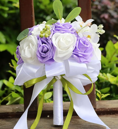 Lightweight Bridal Wedding Bouquet Round Holding Bouquet Throw Toss Artificial Rose Flower Bunch for Bride Bridesmaid Wedding Quinceanera (White & Mid Purple, 9.1")
