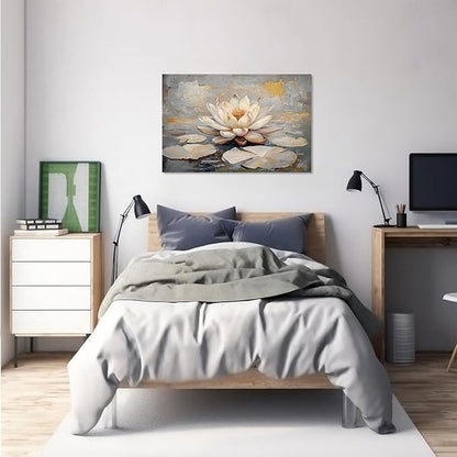 Ethereal white lotus floating on Crystal Waters poster vintage oil painting printwall art soft blush and gold accents serene home and office decor dreamy 24x36in Frameless