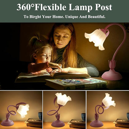 Flower Table Lamp, 3 Level Brightness Vintage Flower Reading Light with E26 Bulb, Cute Desk Lamp Bedside Lamps Lily Lamps for Nightstands Living Room Bedroom Ambient Lighting Home Decor