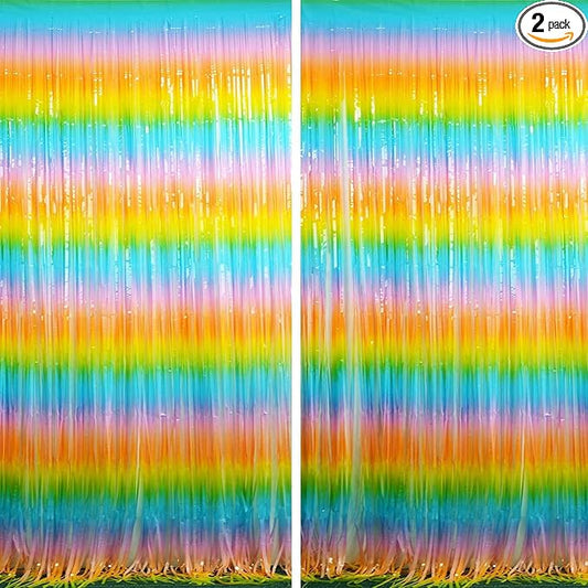 BRAVESHINE Colourful Tinsel Fringe Curtains - 2Pcs 3.2x8.2ft Holidays Photo Booths Streamers Backdrop for Christmas/New Years/Princess/Pastel/Girl/Unicorn/Birthday/Baby/Bridal Shower Party Decorations