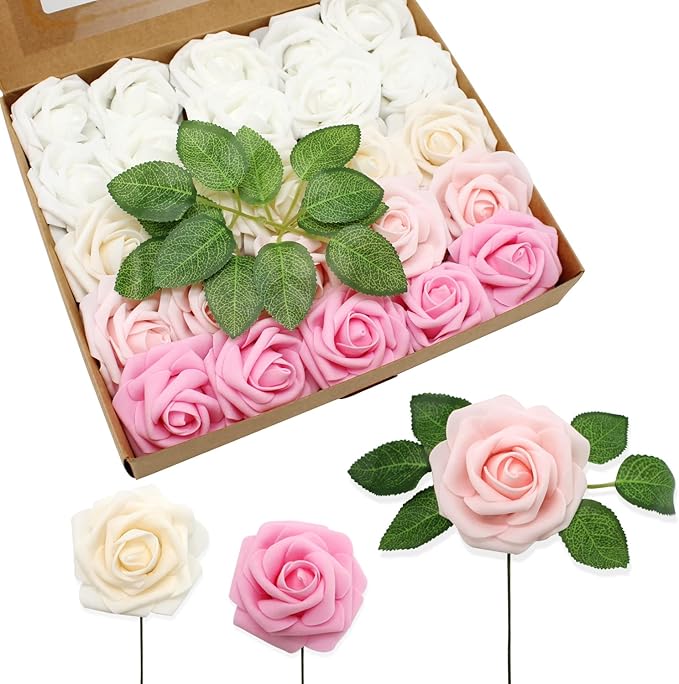JOYLEX Artificial Flowers Realistic Roses, 100pcs Real Looking Fake Roses with Stem for DIY Wedding Bouquets Centerpieces Bridal Shower Party Home Romantic Decorations (Shades of Pink)