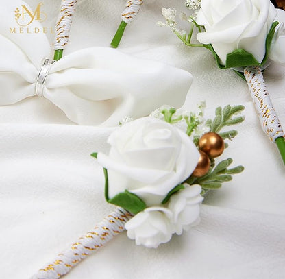 Meldel White Boutonniere for Men Wedding,Set of 6,Groom and Groomsman Boutonniere for Wedding,Greenery Rose Corsage for Men Ceremony Anniversary Party Prom Homecoming