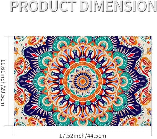 Ethnic Colorful Flower Mandala Placemats Set of 6 PVC Vinyl Non Slip Table Mats Waterproof Heat Resistant Place Mats Washable Wipeable Dining Table Mat for Kitchen Party Farmhouse Indoor Decorative