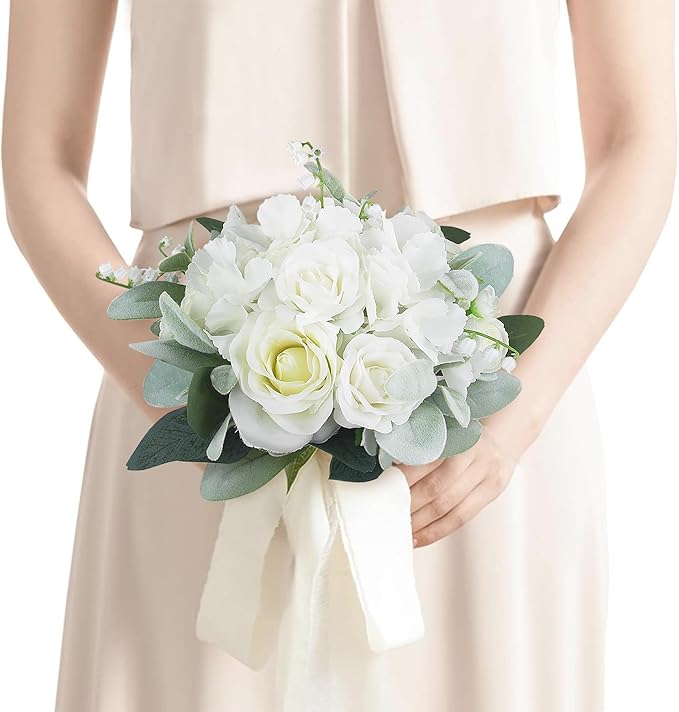 Rinlong 1Pc Wedding Bouquets for Bride Bridesmaids White Hydrangea Artificial Flowers Bridesmaids Bridal Bouquet for Wedding Prom