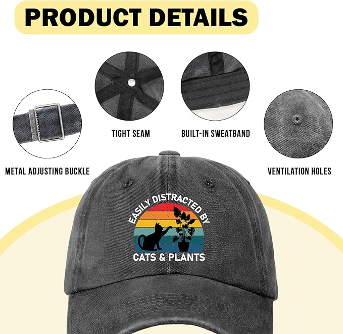 Funny Cats Plants Distressed Washed Black Baseball Caps Easily Distracted by Cats & Plants Printed Cotton Adjustable Hats Christmas Birthday Gifts for Women Men Friend Cat Lover Plant Lover