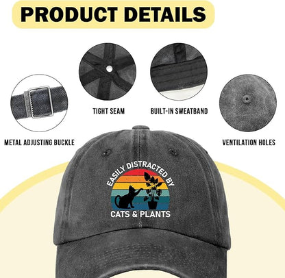 Funny Cats Plants Distressed Washed Black Baseball Caps Easily Distracted by Cats & Plants Printed Cotton Adjustable Hats Christmas Birthday Gifts for Women Men Friend Cat Lover Plant Lover