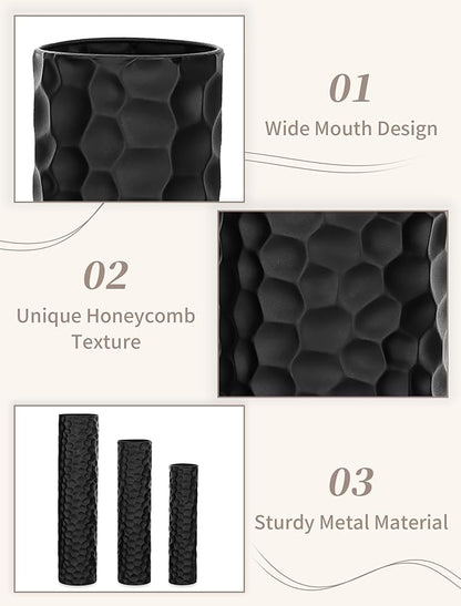 Sziqiqi Black Tall Floor Vase: 27/23/20in Large Floor Vases Standing for Living Room - Hammered Metal Floor Vases Set of 3 - Cylinder Flower Vase for Dining Bedroom Home Corner Indoor Office