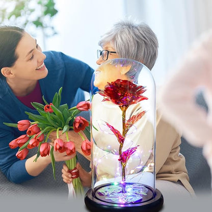 QUELIEN Christmas Rose Flower Gifts for Mom,Artificial Flower Lasts in A Glass Dome, Unique Gifts is for Mothers Day,Christmas,Anniversary(Red)