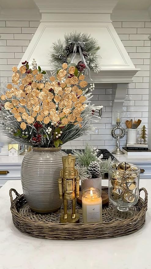 Hollyone 24.8” Christmas Tree Picks and Sprays 3Pcs Golden Artificial Eucalyptus Stems Eucalyptus Silver Dollar Leaves Branches Fake Gold Leaf Floral for Xmas Tree Garland Wreath Wedding Decor