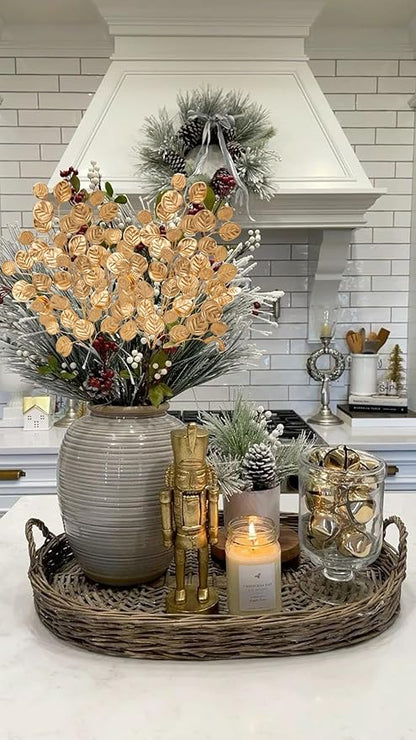 Hollyone 24.8” Christmas Tree Picks and Sprays 3Pcs Golden Artificial Eucalyptus Stems Eucalyptus Silver Dollar Leaves Branches Fake Gold Leaf Floral for Xmas Tree Garland Wreath Wedding Decor