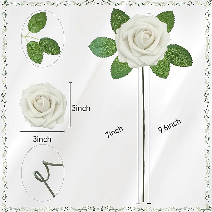 Artificial Flowers, 100pcs Artificial Rose for DIY Bouquets Arrangement, Sand White Rose Flowers Foam Fake with Stems for Wedding Shower Party Tables Home Decorations