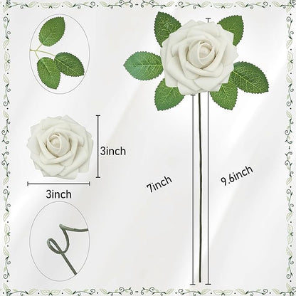Artificial Flowers, 50pcs Artificial Rose for DIY Bouquets Arrangement, Sand White Rose Flowers Foam Fake with Stems for Wedding Shower Party Floral Arrangements Home Decorations