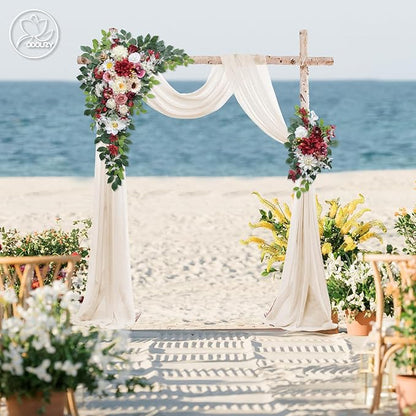 Wedding Arch Flowers Kit,Artificial Flower Arch Decor (Set of 3),2pcs Artificial Flower Arrangement with 1pc Sheer Drape for Wedding Decor Reception Backdrop Floral Decorations (Wine Red)
