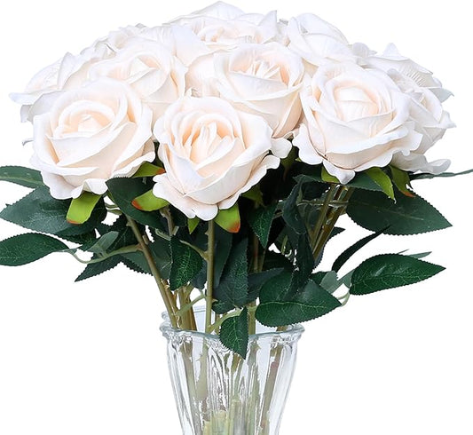 SITUMEIZI 15PCS Artificial Roses Silk Flowers Fake Roses Realistic Bouquet Long Stem with Gift Box for Mother's Gift Day Home Party Wedding Decorations(Champagne)