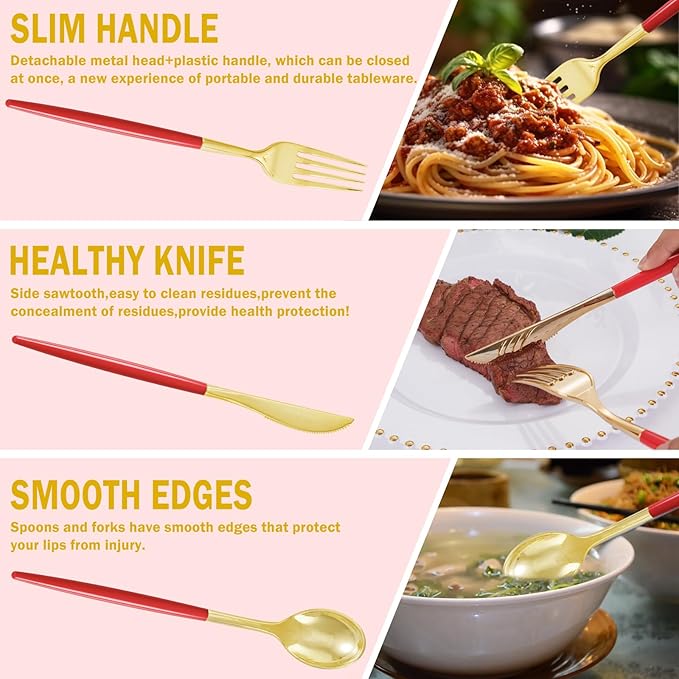 Supernal 102PCS Red Plastic Silverware, Gold Plastic Utensils with Red Handle, Gold Disposable Utensils Heavy Duty Includes 34 Forks, 34 Spoons and 34 Knives prefect for party, wedding & Mother's day
