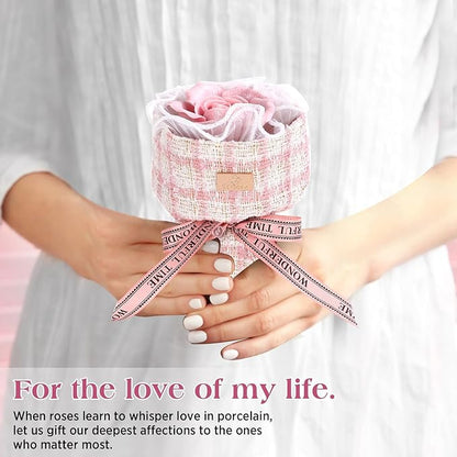 Handmade Ceramic Memorial Gift - Eternal Pink Rose Bouquet with Natural Fragrance, Ceramic Craft Artwork, Perfect for Women, Mothers, Wives, Her Birthday Gift‌