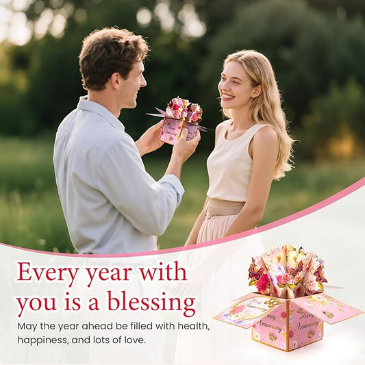 3D Anniversary Pop Up Cards with Music, Romantic LED Light 3D Flower Gift Box, Handmade Foldable Greeting Cards Box with Envelope for Anniversary,Festivals & Special Occasions