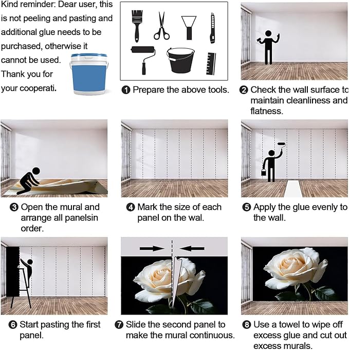 White Rose Wall Mural, Romantic White Rose 3D Wall Murals, Simple Elegant Flowers Wallpaper Mural, for Living Room Bedroom Large Wallpaper Indoor Decor 137.8" W x100 H