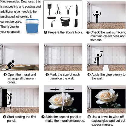 White Rose Wall Mural, Romantic White Rose 3D Wall Murals, Simple Elegant Flowers Wallpaper Mural, for Living Room Bedroom Large Wallpaper Indoor Decor 169.3" W x118.2 H