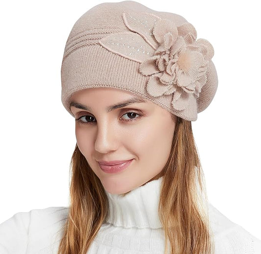 Flower Women Beret, Double Layer Thickened Winter Knitted Beanie Beret Hat, Stylish French Dress Beret Hats for Women