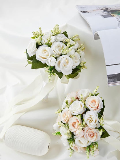 Meldel Ivory Wedding Bouquets for Bride Bridesmaid with Corsage and Boutonniere Set, 8 Inch White Champagne Artificial Roses Flowers Bridal Bouquet for Wedding Church Decoration,Ceremony, Anniversary