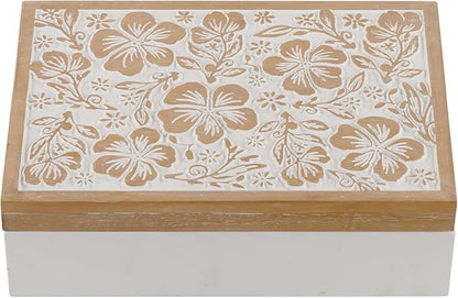 Wooden Keepsake Box - Decorative Floral Wood Boxes with Hinged Lid, Flower Engraved Design, 10.24" W