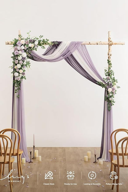 Ling's moment Wedding Arch Flowers with Drapes Kit-Pack of 5, 2pcs Flower Arrangements 3pcs Sheer Hanging Drapes White Ceremony Arbor Backdrop Artificial Rose Floral Decorations, Lilac & Purple