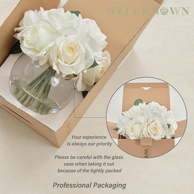 WELL KNOWN Artificial Flowers with Vase, Silk Rose Artificial Flowers Table Centerpieces with Faux Water for Home Decoration Fake Roses Flower Arrangements for Table Decor (White&Green)