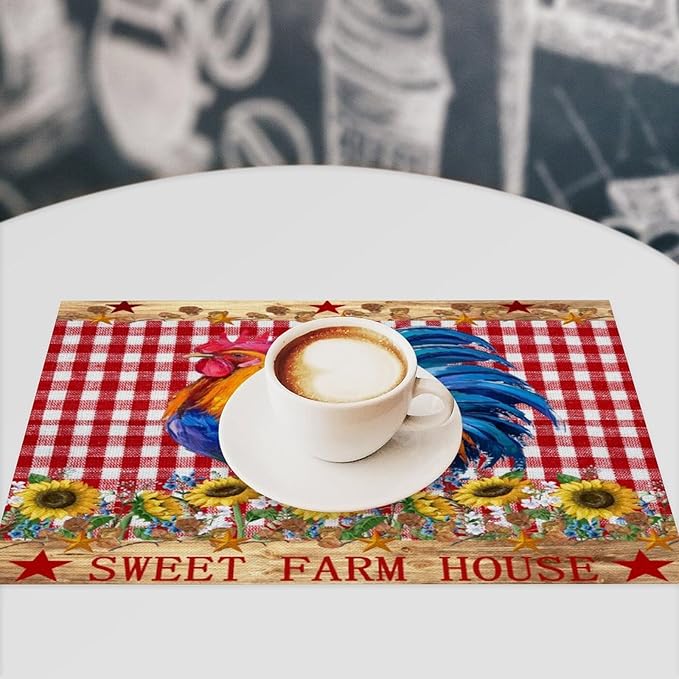 Farm Rooster Placemats, Vintage Rustic Farmhouse Lattice Sunflower Flower Chicken Animal Print Washable Fabric Placemats Table Kitchen Dining Party 12x18 Inch Set of 4