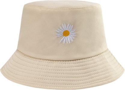 Flower Reversible Bucket Hat Cotton Summer Travel Beach Sun Hats Emboridery for Women Men
